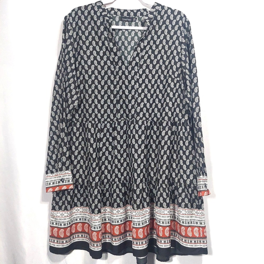 Boohoo Dress Womens 12 Multicolor Casual‎ Loose Fit Tiered Pleated Long Sleeves